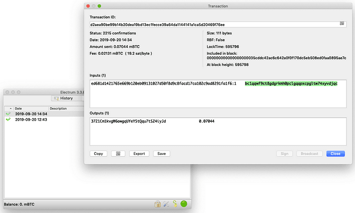 Double-click a transaction to view greater detail; see inputs, outputs, size & lock time